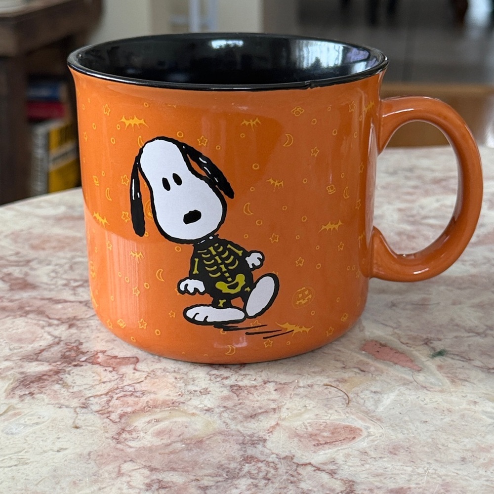 EUC~Large Size Handled Snoopy Skeleton Peanuts Halloween Orange/Black Coffee Mug